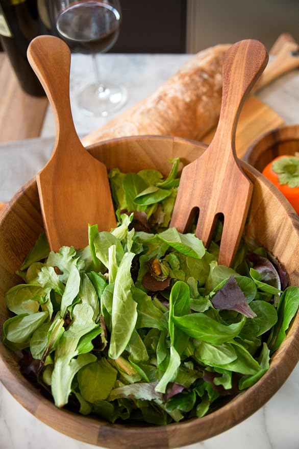 Ironwood Gourmet Acacia Wood Salad Utensil Set, 1.75 x 2.75 x 10 inches, Farmhouse Style Large Salad Serving Utensils