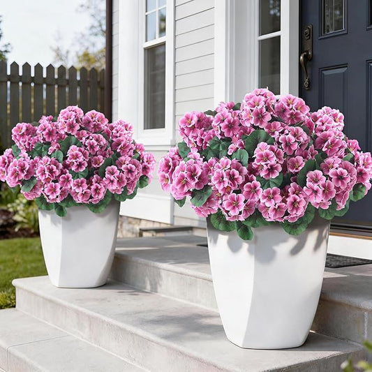 GLIDLION 24 Bundles Artificial Geranium Flowers for Spring Summer Decor, UV-Resistant Fake Plants Realistic Faux Silk Bouquets for Front Door Farmhouse Garden Porch Home Outdoor Decor (Pink)
