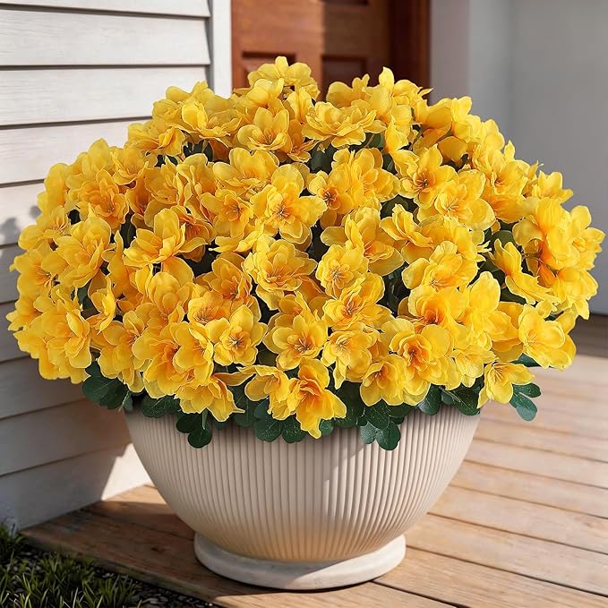 8 Bundles Artificial Flowers for Front Door, Fake Silk Azalea Bouquet Silk Flowers for Outside UV Resistant Realistic Faux Plants for Planter Farmhouse Patio Garden Walkways Home Decor (Yellow)