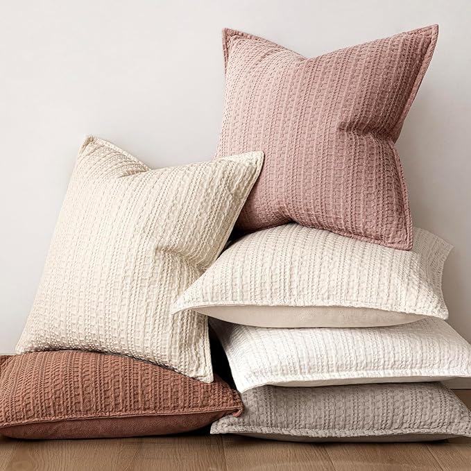 Foindtower Set of 2 Decorative Cotton Waffle Weave Throw Pillow Covers Euro Shams Cushion Covers Accent European Pillowcase for Bed Couch Sofa Bedroom Living Room Home Decor 26×26 Inch Dusty Pink