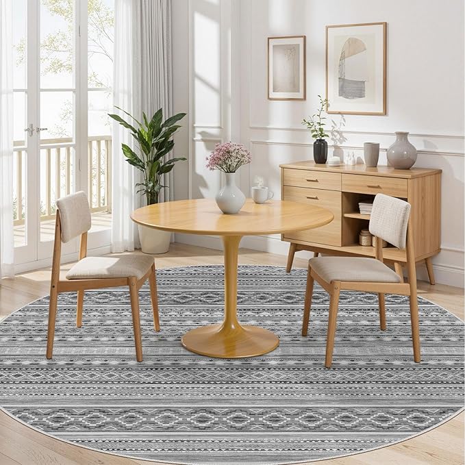 cotiled 8x8 Round Area Rug Living Room: Washable Boho Rugs with Non Slip Backing Large Soft Indoor Stain Resistant Carpet for Bedroom Farmhouse Dining Room Lightweight Home Decor Beige Grey