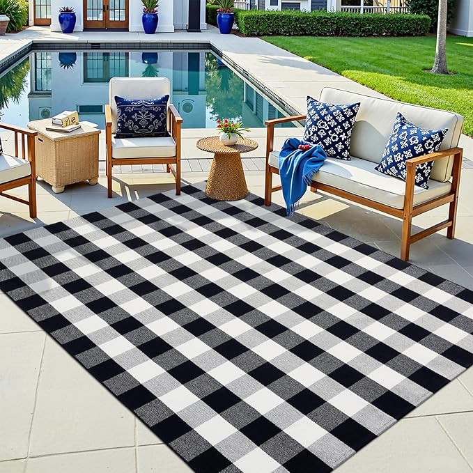 OLANLY Buffalo Plaid Rug 5' x 7' – Black and White Cotton Checkered Doormat, Washable Indoor Outdoor Rug for Layered Front Porch, Kitchen, Entryway Decor