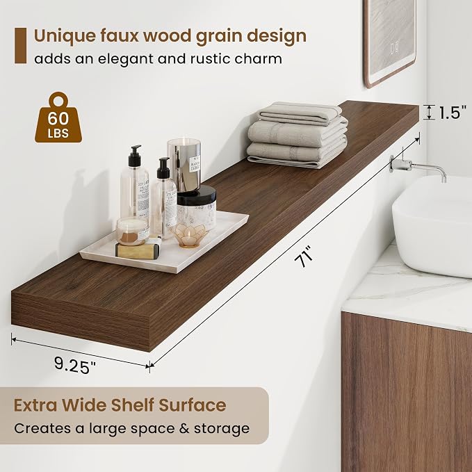 Marsmiles 55in Floating Shelves for Wall, 72" W x 9.25" D x 1.5" H, Long Wall Mounted Engineered Wood Shelves with Invisible Brackets for Living Room, Bedroom, Bathroom, Kitchen, Walnut, 2Pcs