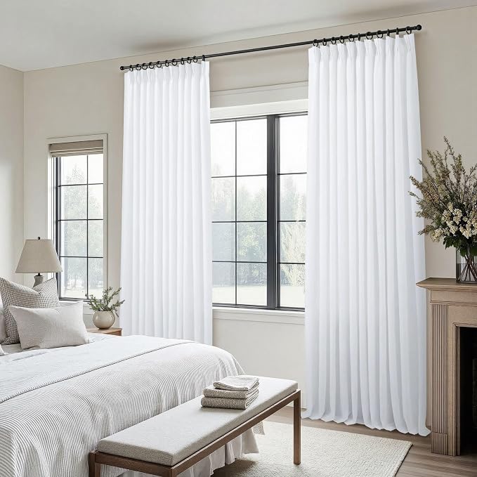 Extra Wide Pinch Pleated Linen White Curtains 90 Inches Long 70 Inch Width for Living Room Bedroom Modern Farmhouse Country Light Filtering Semi Sheer Pleat Window Curtain Drape Hooks Rings 2 Panels