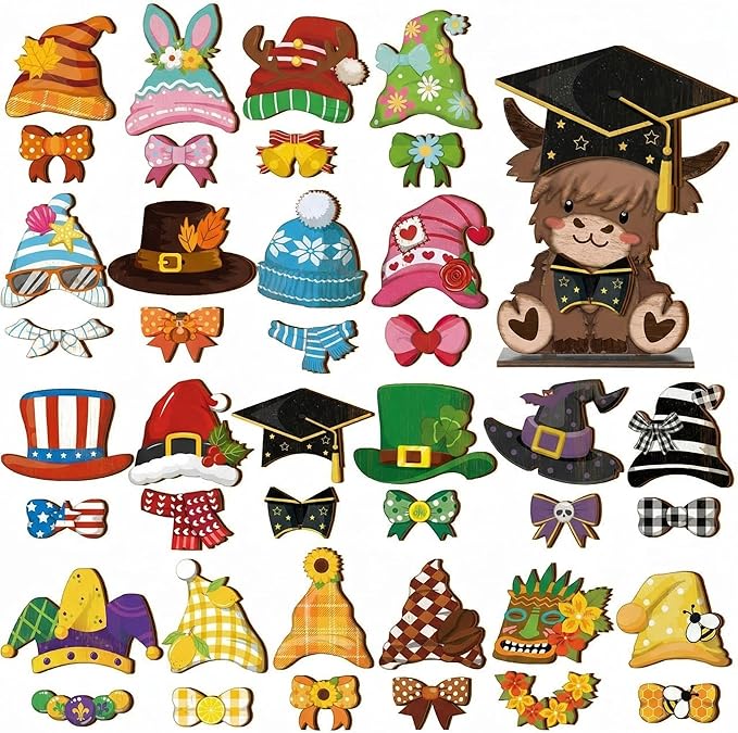 42 Pcs Interchangeable Highland Cow Graduation Gift Holiday Highland Cow Decor Seasonal Sign Farmhouse Rustic Wooden Desk Accessories Welcome Ornament Tiered Tray Decorations for Home Office