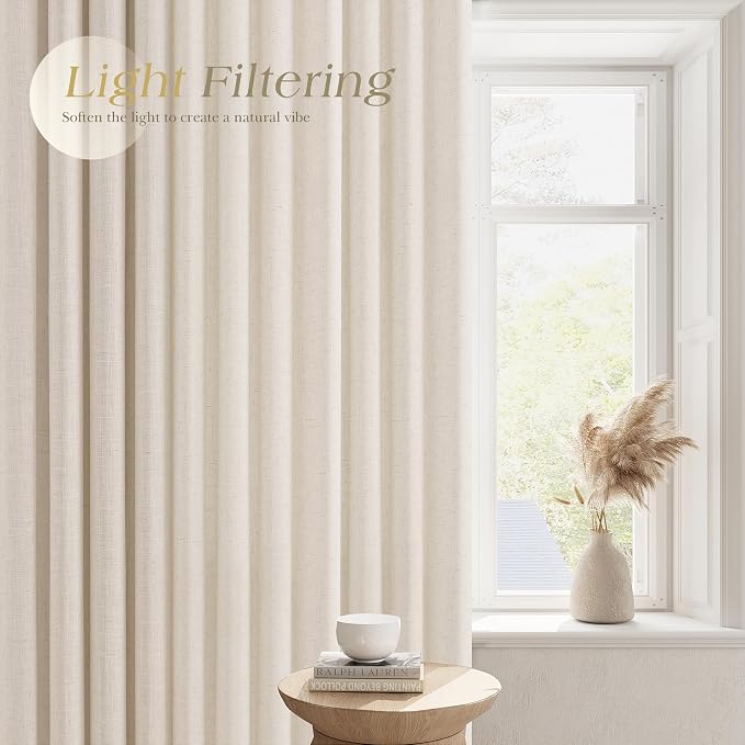 Beige Linen Curtains 90 Inch Long for Living Room Grommet Light Filtering Sheer Privacy Window Curtain 2 Panels Set Canvas Cloth Textured Cozy Lightweight Farmhouse Boho Semi Sheer Drapes 52x90