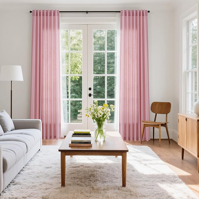 Rose Linen Curtains 84 Inch Long 2 Panel Set with Back Tab Rod Pocket Light Filtering Privacy Semi Sheer Textured for Neutral Farmhouse Style Bedroom and Living Room 52x84