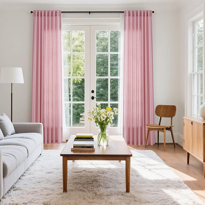 Nanspring Rose Linen Curtains 108 Inches Long 2 Panels Set with Back Tab Loop Pocket Light Filtering Semi Sheer Boho Decor Extra Long Drapes for High Ceiling Living Room 52x108