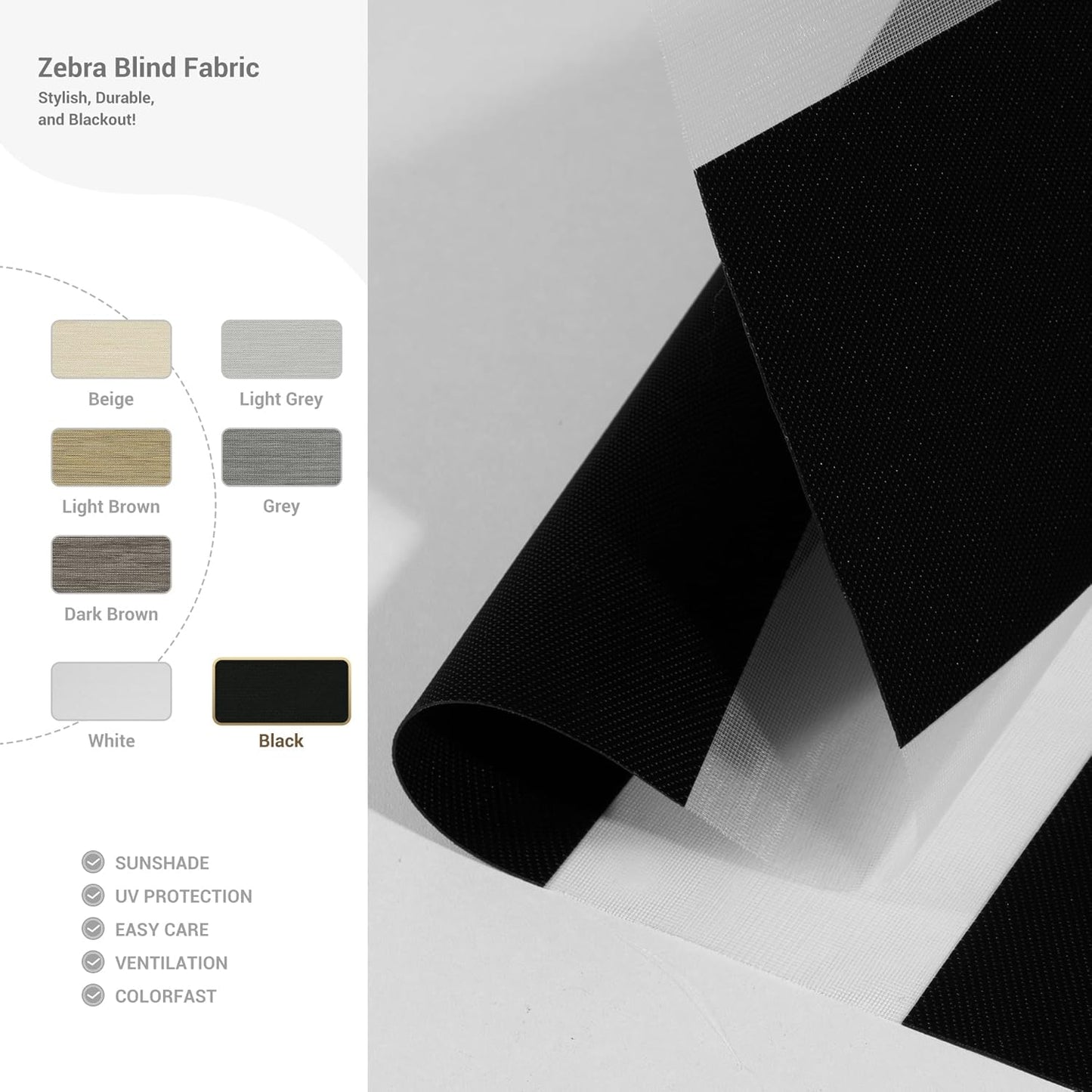 Cordless Zebra Blinds for Windows, Blackout Interior Blinds,Easy to Install,UV Protection,for Offices and Home,Custom Roller Shades, Solid Black, 37" W x 64" H