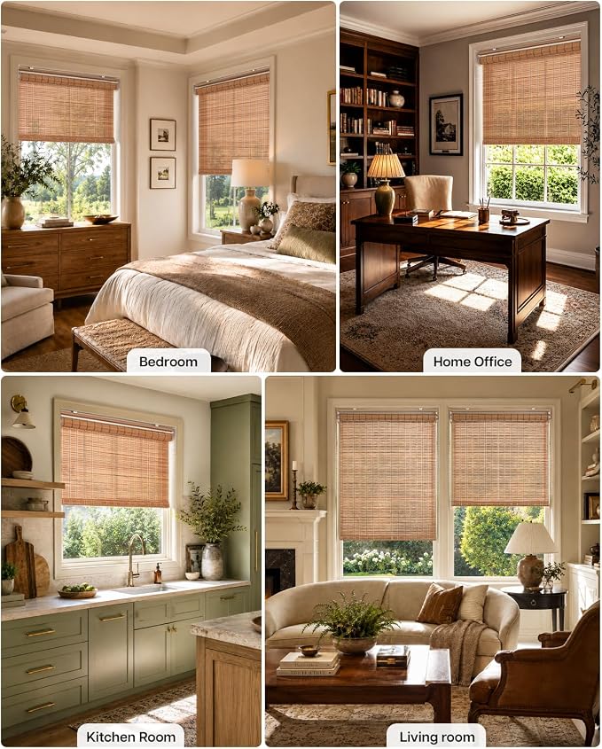 LazBlinds Cordless Bamboo Roller Shades, 66" W x 70" H, Brown206 | Natural Light Filtering Bamboo Window Blinds, Bamboo Roll Up Shades for Bedroom Living Room Office Indoor
