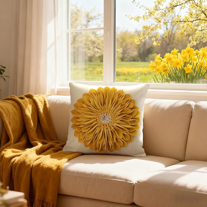 OiseauVoler 3D Sunflowers Handmade Throw Pillow Covers Decorative Pillowcases Cushion Covers for Bed Living Room Farmhouse Decor Yellow 18x18 Inches