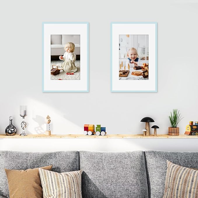 Picrit 11x17 Picture Frame Set of 12, Display 8x12 with Mat or 11x17 without Mat, Photo Frames for Wall Mounting Display, Blue