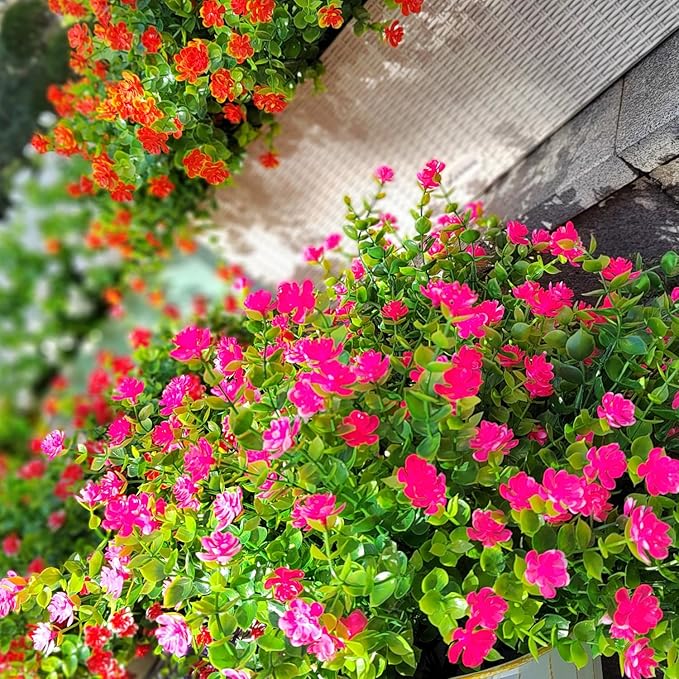 Grunyia 12 Bundles Artificial Flowers for Outdoors, UV Resistant Fake Flowers with Plastic Plants, Faux Flowers for Outside Window Box Front Porch Hanging Planter Decor (Pink)