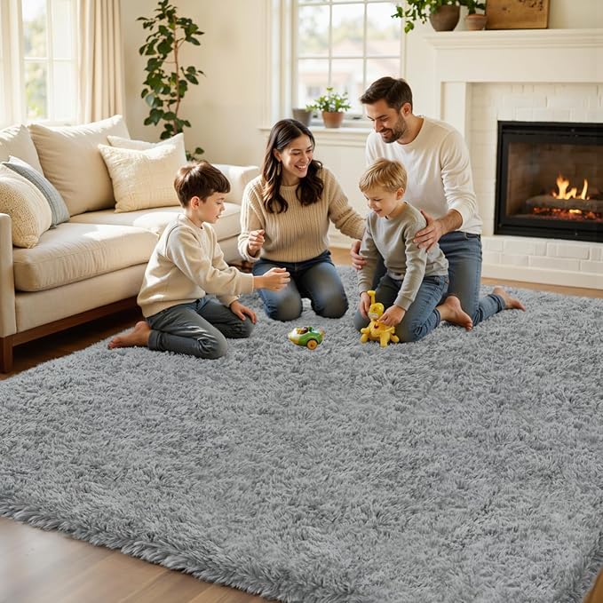 6x9 Area Rug for Living Room, Ultra Soft Fluffy Shag Rugs for Bedroom, Non-Slip Large Fuzzy Plush Rug Indoor Floor Carpet for Nursery Kids Office Dorm Modern Decor, Light Gray