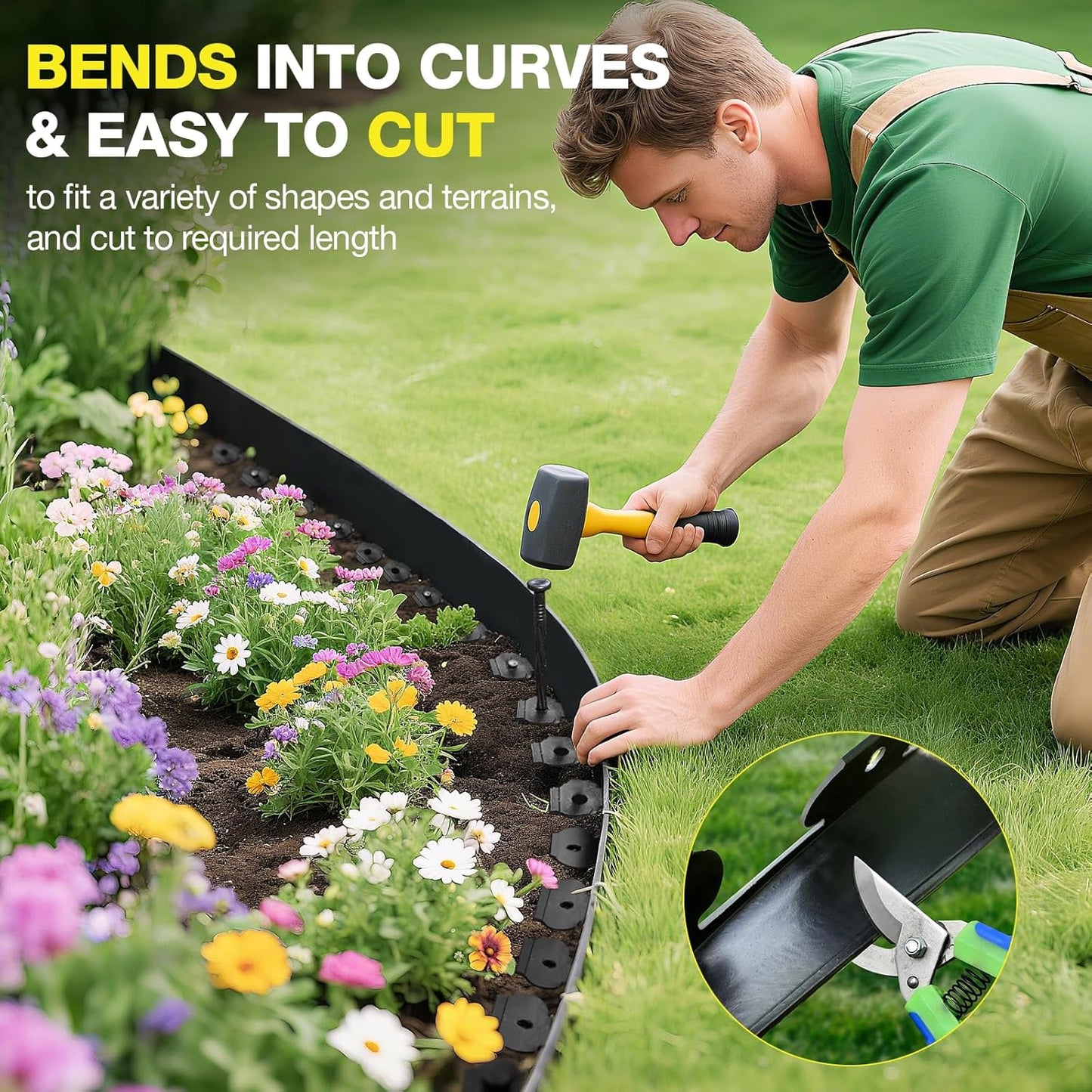 100ft,1.5in Tall Landscape Edging Kit with 150 Spikes, No-Dig Flexible Plastic Edge Border for Landscaping, Lawn, Garden, Flower Beds, Yard, Paver, Playground, Fence, Pathway, Black,3pack, 33ft Each