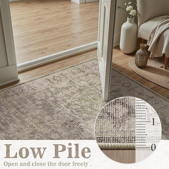 DCX Washable 2x6, Kid & Pet Friendly with Rubber Back Non Slip, Stain Resistant Vintage Runner Rug for Living Room, Bedroom, Home Office, Soft Low Pile Farmhouse Distressed Carpet, Greige