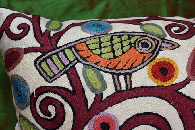 Lumbar Cushion Cover Hand Embroidered Wool 13x21 (Cream Birds Lumbar Pillow Cover)