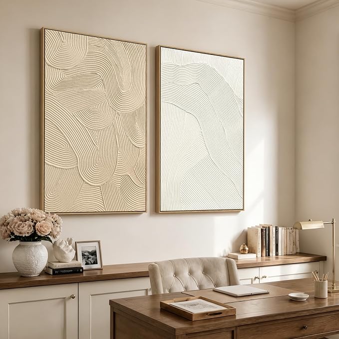 SAFERRYHOME Neutral Abstract Hand Painted Wall Art, Textured, 24"x36"x2 | Large 3D Framed White and Brown Wall Decor, Modern Painting Minimalist Geometric Texture Artwork for Home Office Living Room