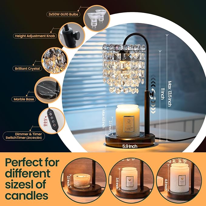Candle Warmer Lamp with Timer Dimmer Adjustable Height for New Home Bedroom,Vintage Home Decor for Scented JaR 3 Bulbs for New Home Decor, Women Mom Christmas Birthday Gifts,Black (Black)