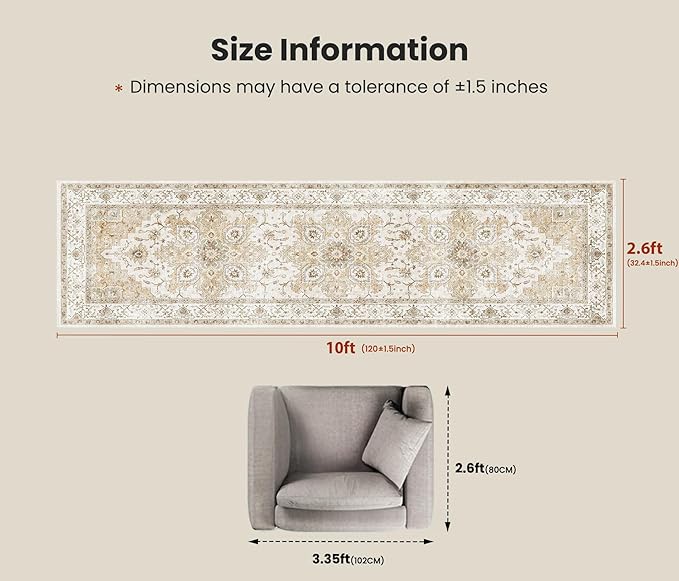 AMADA HOMEFURNISHING 2'6"x10' Washable Area Rug, Low-Profile Entryway Rug with Non-Slip Backing & Durable Edge Binding, Vintage Rug Pattern, Small Rugs for Entryway, Kitchen & Living Room