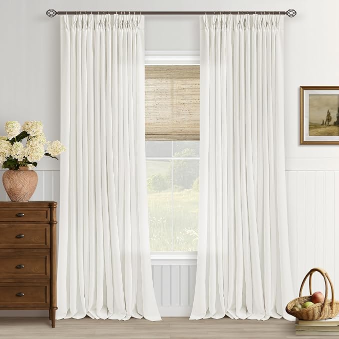 Natural Cream Semi Sheer Pinch Pleated Linen Curtains 90 Inch Long | Beige Ivory Neutral, Light Filtering Privacy, Bedroom Living Room, Flax Linen Textured, Hook Rings Memory Shape, Boho Modern