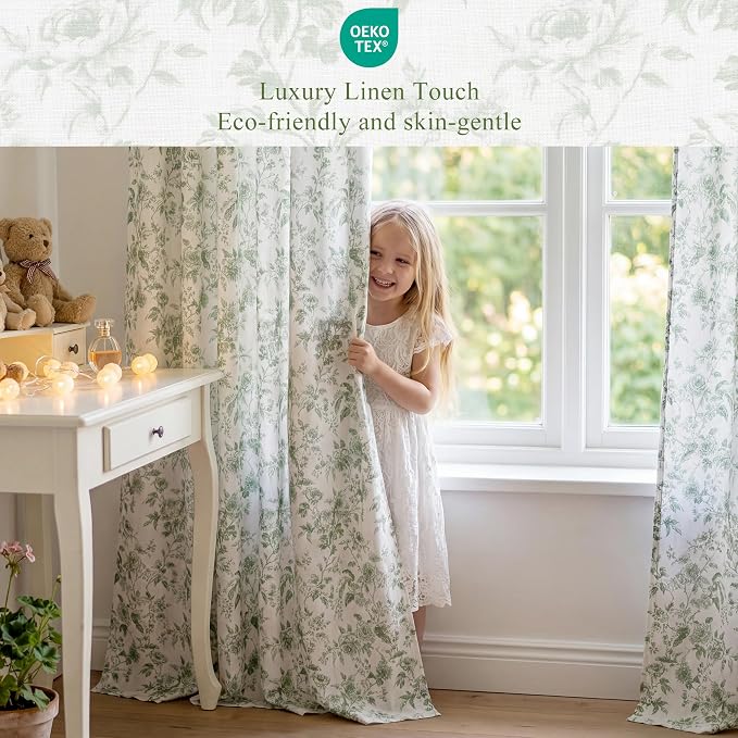 StangH Cottagecore Sage Green Floral Curtains for Bedroom, Vintage Peony Print Linen Textured Light Filtering Window Drapes, French Country Style Aesthetic Room Decor, W52 x L84, 2 Panels