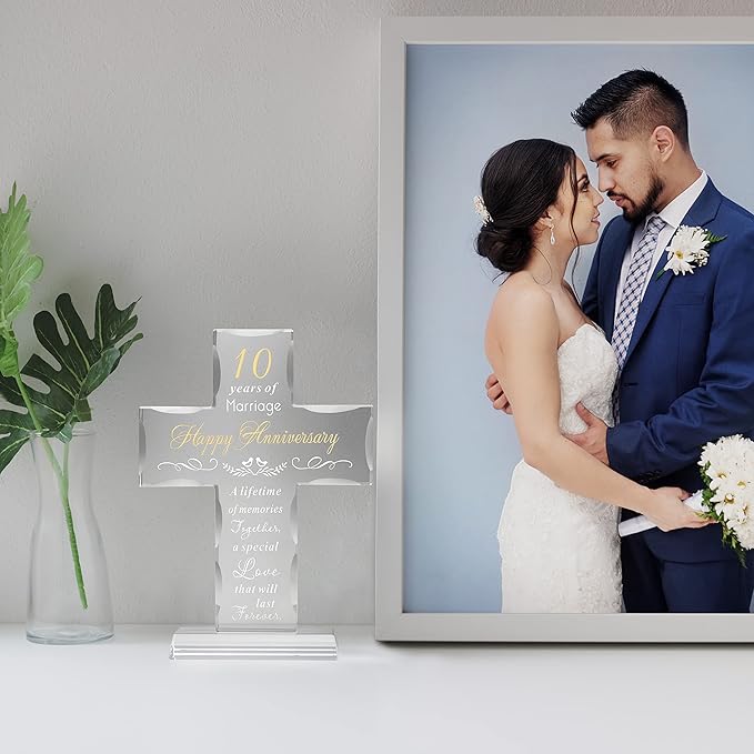 YWHL Happy 10 Year Anniversary Glass Cross Gifts for Wife, 10th Wedding Anniversary Religious Gifts for Couple, Home Party Decoration