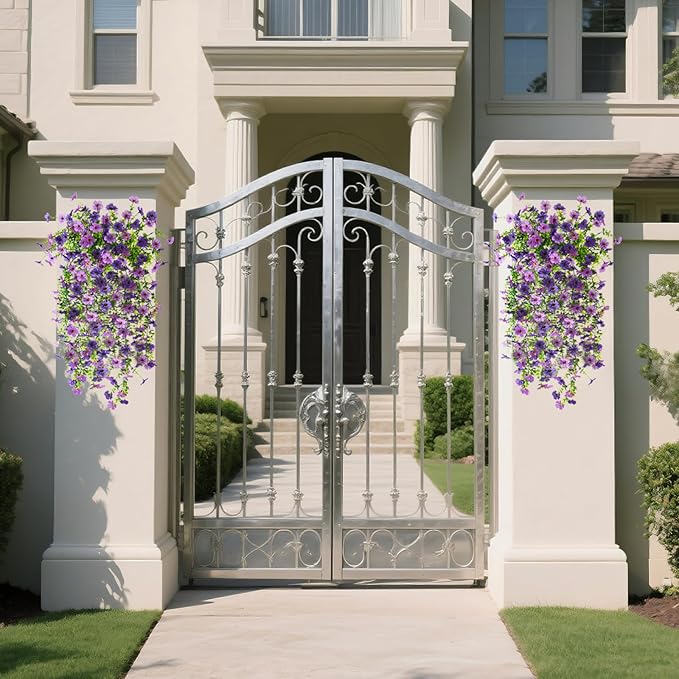 Homsunny Artificial Hanging Flowers for Outdoor, 2PCS Fake Flowers Faux Silk Daisy with Eucalyptus Leaves, UV Resistant Aritificial Flowers for Spring Home Patio Yard Porch Decor (Double Purple)
