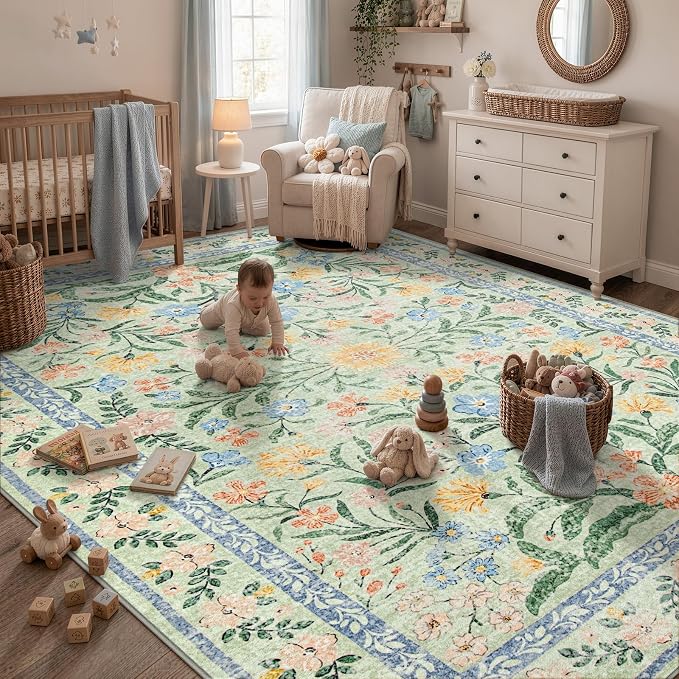 Wonnitar Machine Washable Area Rugs 9x12, Soft Sage Green Floral Rug for Living Room Bedroom, Ultra-Thin Large Foldable Boho Carpets for Playroom Classroom Dining Room