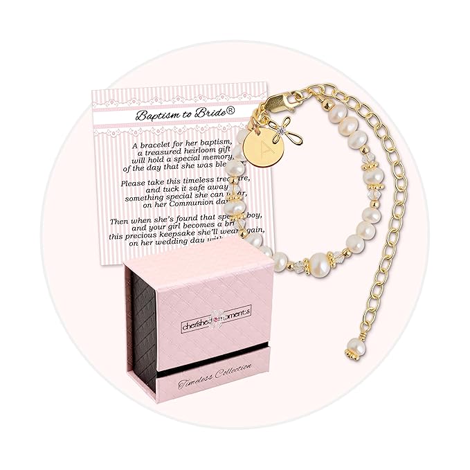 Cherished Moments 14K Gold Plated Personalized Baptism to Bride Cross Bracelet Gift for Infant Girls with Initial Charm and Cultured Pearls or Baby Christening