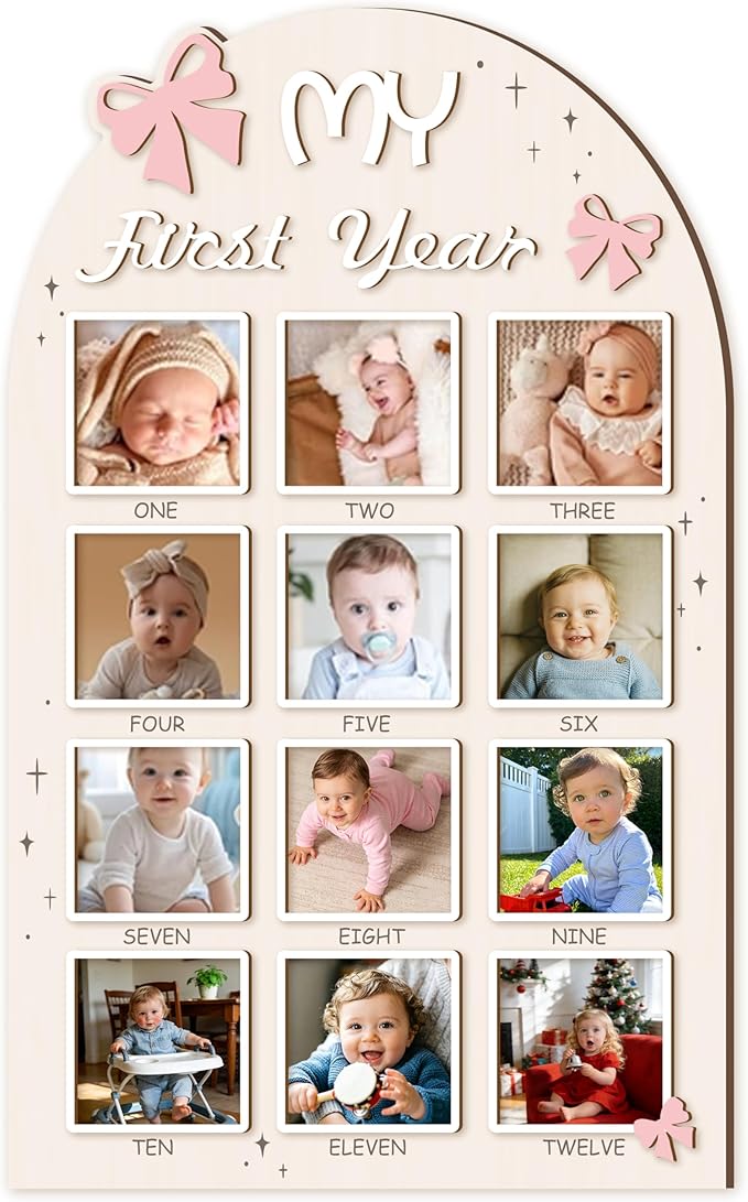 Aukolass Bow One Year of Photo Board, My First Year Photo Photo Board 12 Monthly Milestones Picture Frame for Baby Girl 1st Birthday Decorations (pink, 4" x 4")