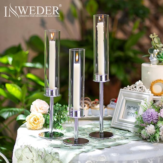 Hurricane Taper Candle Holders: Silver Glass Candlestick Holder Tall Candle Sticks Holder Decor with Glass Cover for Wedding Table Centerpiece Party Birthday Christmas Home Mantel Set of 3