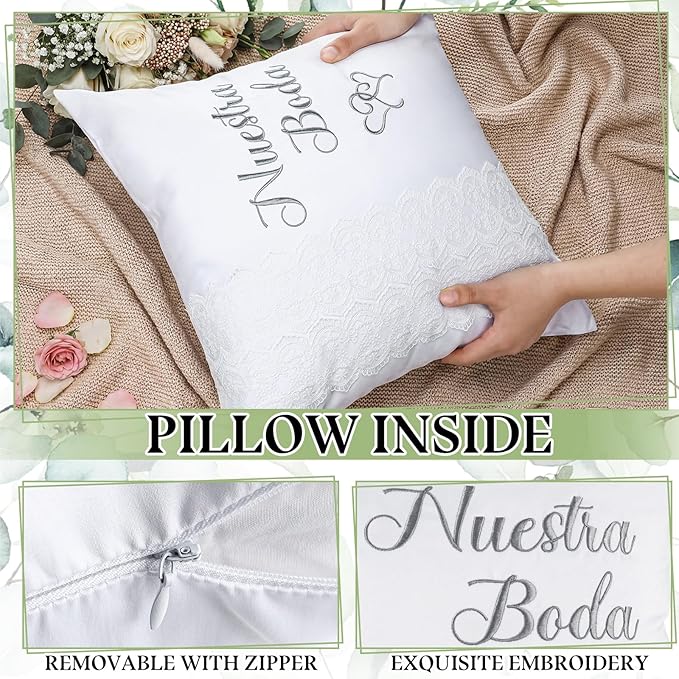Mixweer 2pcs Wedding Embroidered Kneeling Pillows Nuestra Boda 18 x 18 Inch Embroidered Prayer Pillow Satin and Lace Kneeling White/Silver, Cojines para Boda, Decoracion (Left, Lace)
