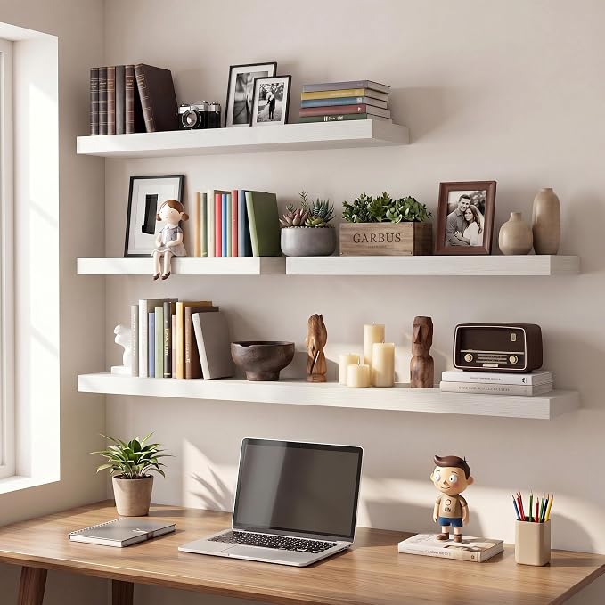 Vivelove Wall Floating Shelves for Display with Invisible Brackets, Long Large Floating Shelves Under TV Over Fireplace Bedroom Living Room Office, 55”X 8”X 1.4", Set of 2 - White