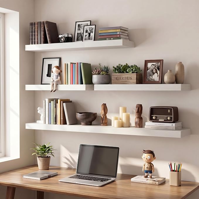 Vivelove Wall Floating Shelves for Display with Invisible Brackets, 36 Inch Floating Shelves for Bedroom Bathroom Living Room Kitchen Office, 36”X 8" X 1.4", Set of 2 - White
