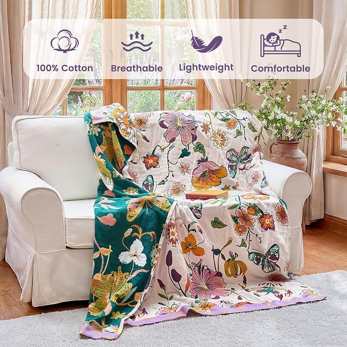 MSGKV Boho Throw Blanket 50"x60" Floral Blanket for Couch Sofa 100% Cotton Summer Breathable Lightweight Farmhouse Blankets All Seasons Home Decor Muslin