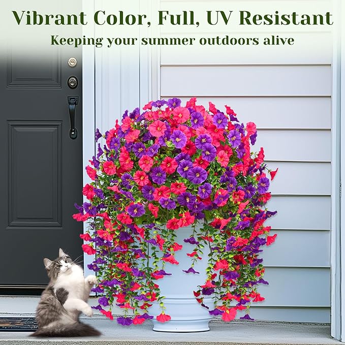 Dolicer 8 Pack Look Real Artificial Flowers for Outdoors, Fake Artificial Hanging Flowers for Outdoors Realistic UV Resistant Hanging Flowers Silk Petunia Faux Flowers for Porch Patio(Purple+Rose Red)