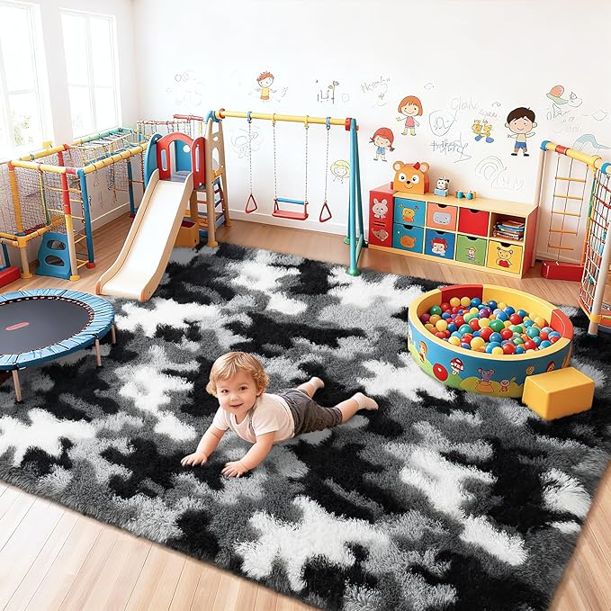AROGAN Soft Fuzzy Kids Rugs for Girls Room Playroom 8x10 Feet, Fluffy Cute Colorful Princess Carpet for Kids Teens Nursery Toddler, Bedroom, Camouflage Black and White
