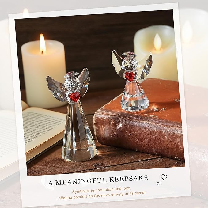 HDCRYSTALGIFTS Set 2 Crystal Angel Figurine for Mom Women, Glass Guardian Angels Ornaments Statues Holding a Heart Home Table Decoration Collectible (Clear,4.5''and 3'')