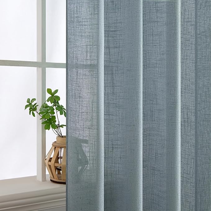 MIULEE Dusty Blue Linen Curtains 63 Inch Length 2 Panels for Bedroom Living Room, Soft Thick Linen Textured Kitchen Window Drapes Semi Sheer Light Filtering Back Tab Rod Pocket Burlap Look Decor