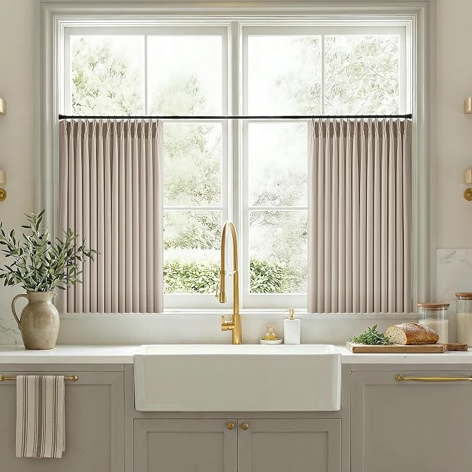 Burlywood Birch Linen Pleated Curtains 36 Inch Length 2 Panels for Kitchen Dining Room Pinch Pleat Drapes with Hooks Rings Semi Sheer Light Filtering Modern Farmhouse Short Curtains for Small Window