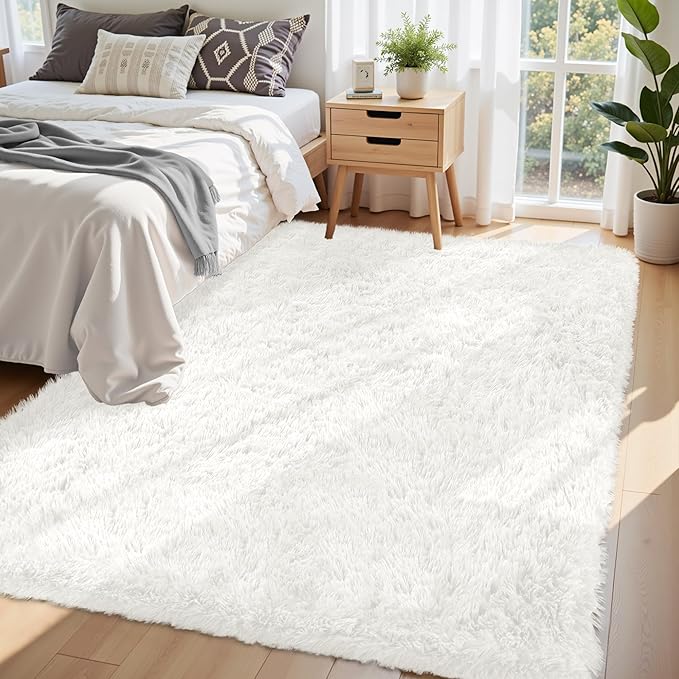 6x9 Area Rug for Living Room:Ultra Soft Fluffy Shag White Rugs,Large Fuzzy Plush Indoor Non Slip Carpet Washable Rug for Bedroom Kids Nursery Office Dorm Modern Decor(White 6'x9')