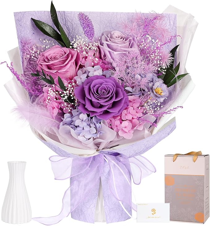 Preserved Bouquet of Flowers - 3 Roses & Flowers for Delivery, Long-Lasting Real Lavender Forever Flowers, Mothers Day Gifts for Mom Grandma Wife, Anniversary Birthday Gifts for Women