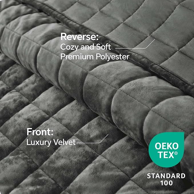 BEDELITE Velvet Quilt Set King Size - Luxury Soft Velvet Comforter Bedding Set for All Season, Lightweight Quilted Box Stitch Oversized Bedspread Coverlet with 2 Matching Shams, Dark Grey