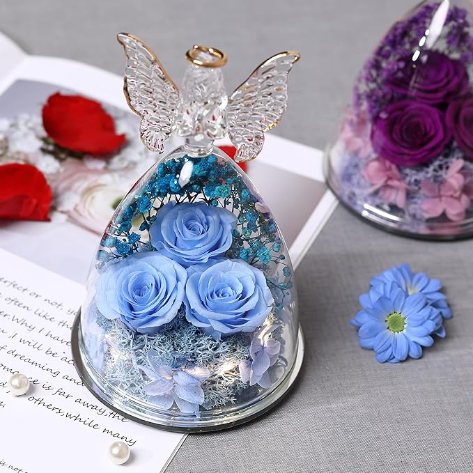 Mothers Day Rose Gifts for Women Preserved Real Flower in Glass Angel Figurines Roses for Delivery Prime Birthday Gifts for Mom Grandma Girlfriend Wife Her, Sky Blue