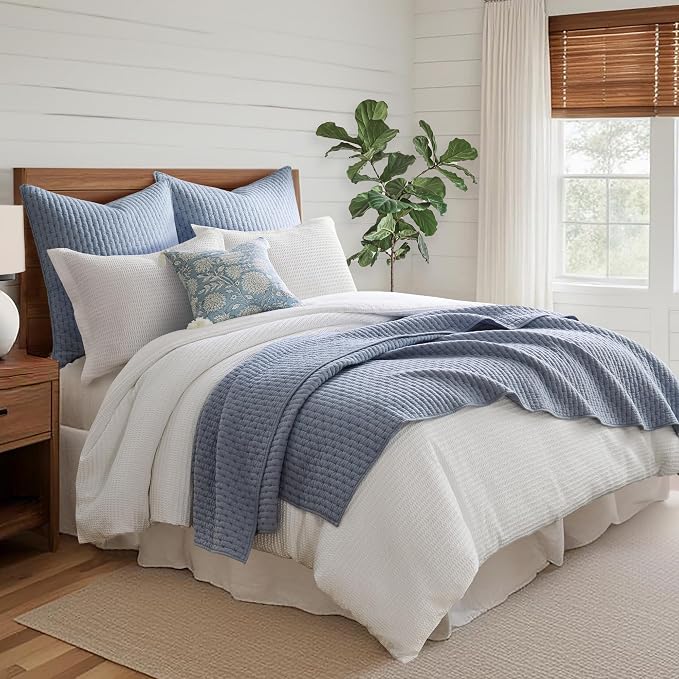 Levtex Home - Velvet Stitch Quilt Set - King Quilt and Two King Shams - Cross Stitch Velvet - Chambray with White - Quilt (106x92in.) and Shams (20x36in.) - Reversible - Polyester