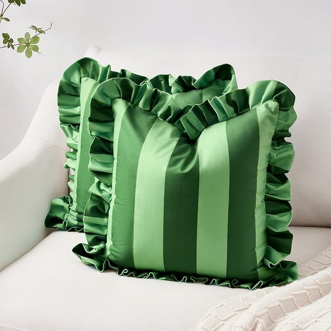 MONDAY MOOSE Decorative Throw Pillow Covers, Set of 2 Water-Resistant Striped Design with Ruffle Edge for Outdoor/Indoor Use, Pillow Inserts Not Included (18x18 inch, Green/Light Green)