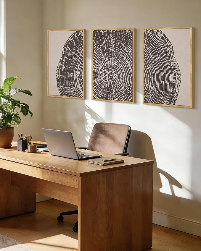 PHOPAGO Vintage Tree Rings Wood Framed Wall Art Large 16x24in Modern Retro Rustic Wood Stump Wall Decor Nature Farmhouse Art Prints Bedroom Living Room Home Decor- Natural Framed