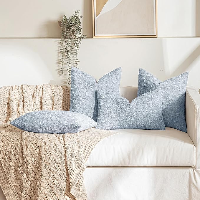 MIULEE 24x24 Inch Decorative Euro Sham Pillow Covers for Couch Bed Set of 2 Textured Boucle Neutral Throw Pillow Covers Light Blue Accent Solid Pillowcases Sofa Living Room Home Decor