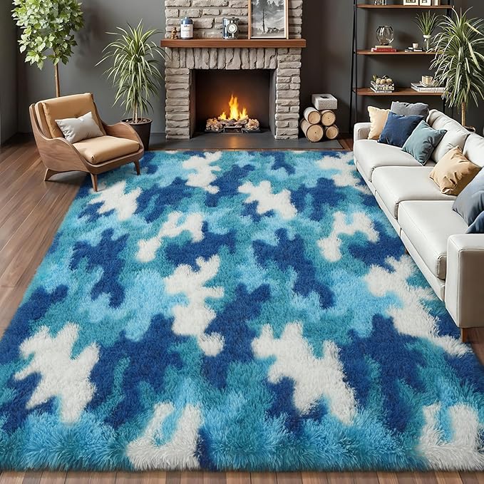 AROGAN Soft Fuzzy Kids Rugs for Girls Room Playroom 8x10 Feet, Fluffy Cute Colorful Princess Carpet for Kids Teens Nursery Toddler, Bedroom, Camouflage Blue and White